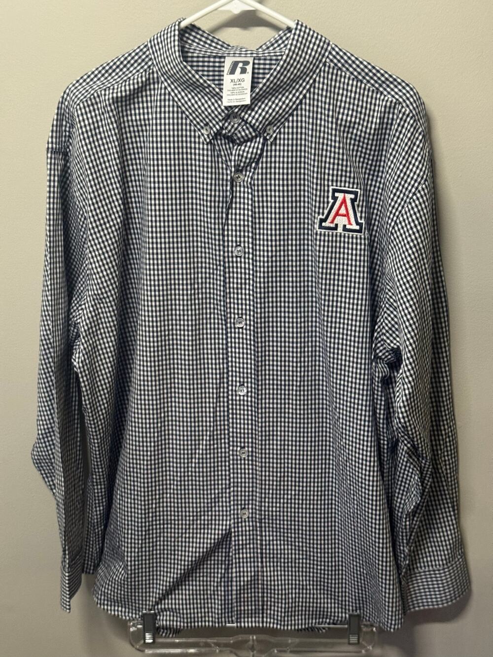 Russell Athletic Arizona Wildcats Gingham Button Up Mens XL Blue White NCAA